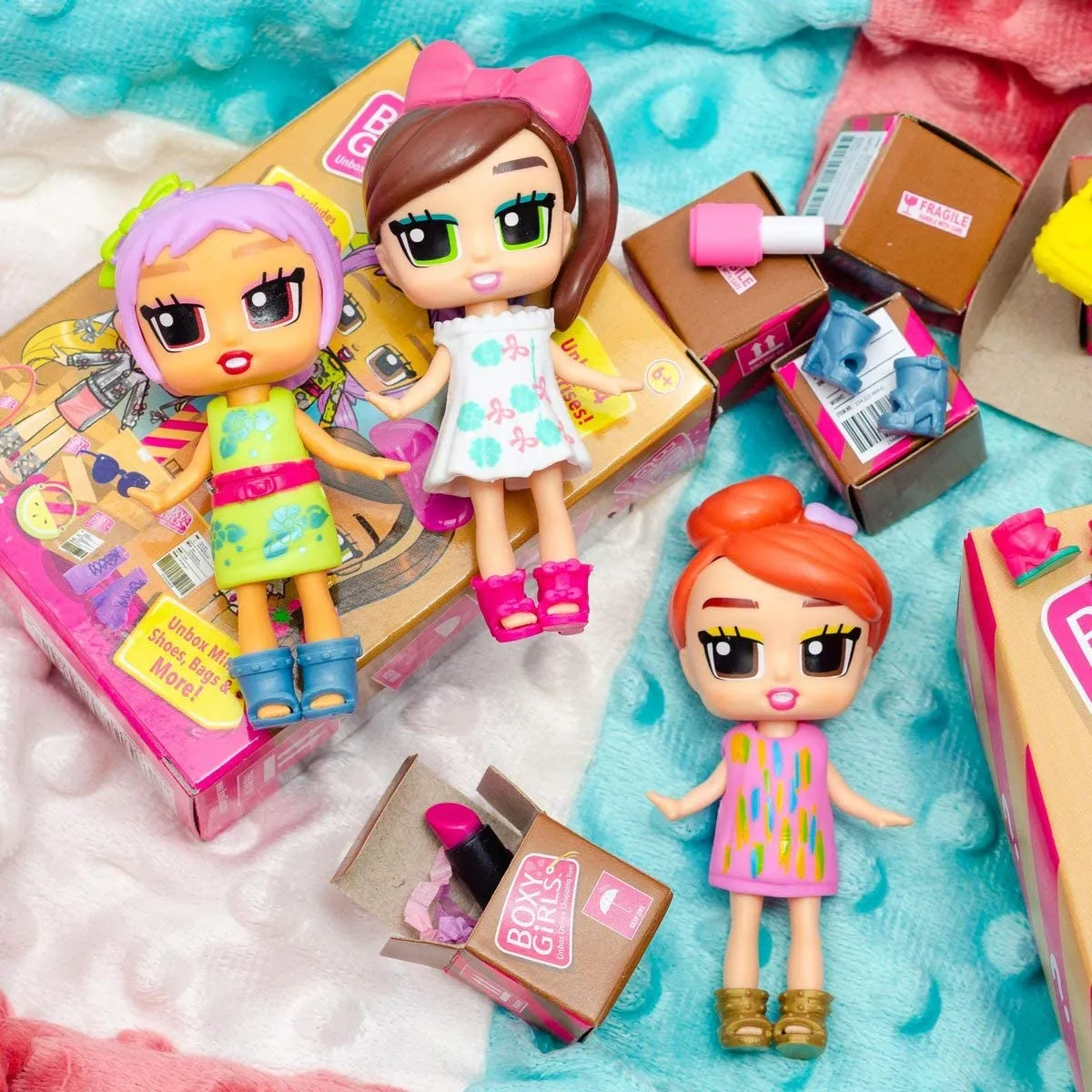 Boxy Girls Mini Dolls - Feature 3 Boxes to Unbox 4 Surprise Accessories (Tasha, Coco, Lina, Trinity, Ellie, Bee) 3 Inch