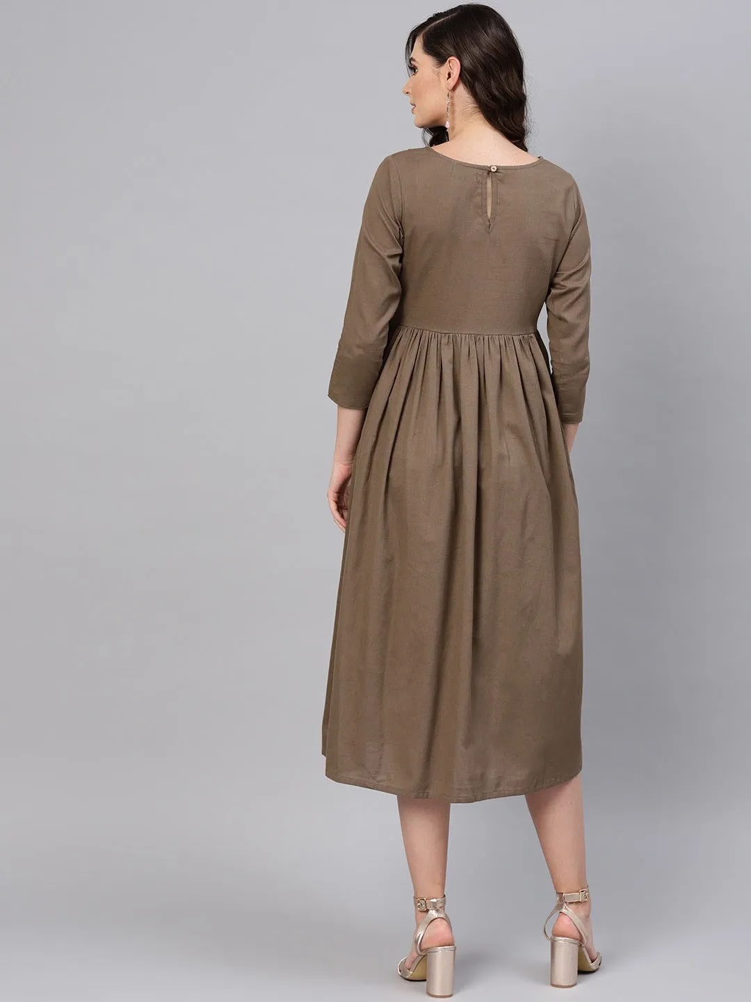 Brown Yoke Embroidered Gathered Dress