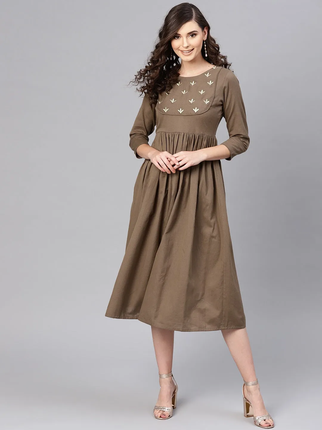 Brown Yoke Embroidered Gathered Dress