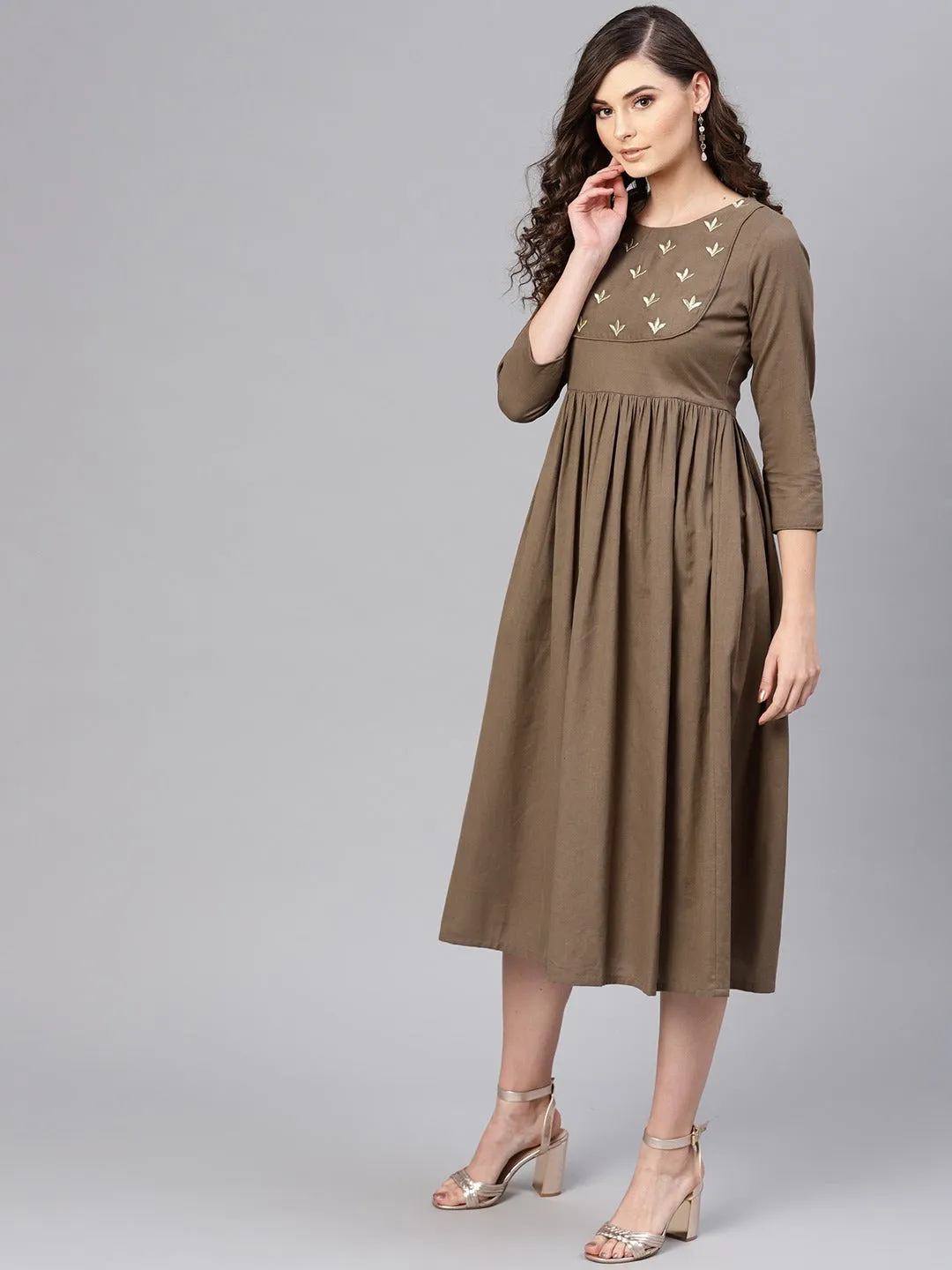 Brown Yoke Embroidered Gathered Dress