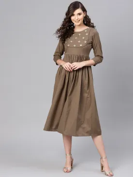 Brown Yoke Embroidered Gathered Dress