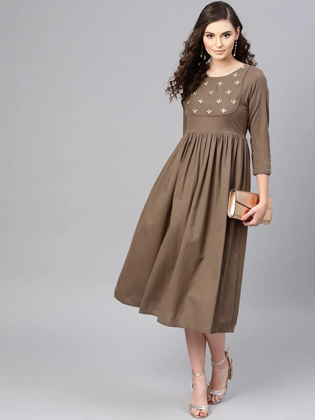 Brown Yoke Embroidered Gathered Dress