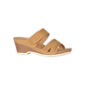 Comfy Wedge Sandals With Velcro - Tan