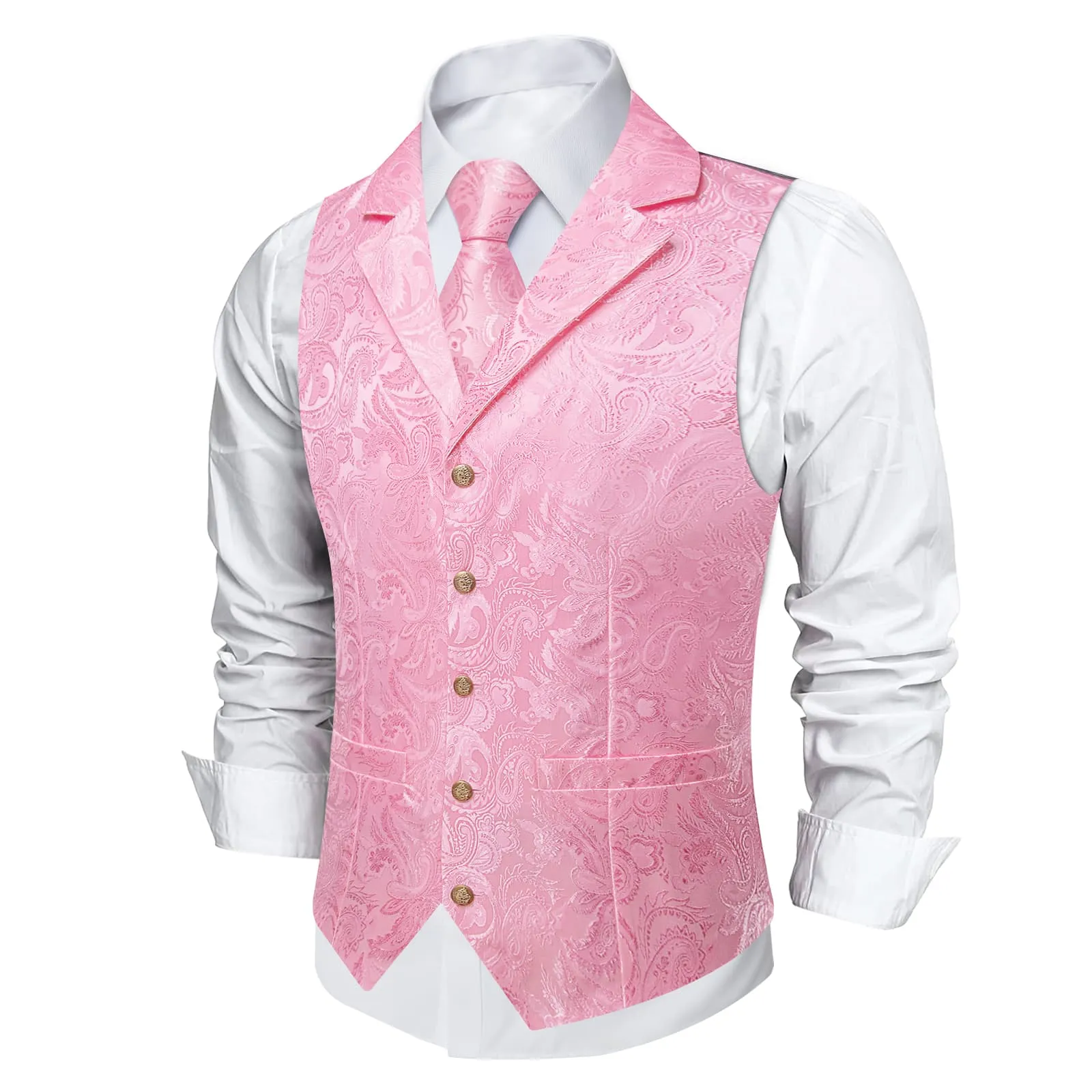 DiBanGu Baby Pink Paisley Silk Notched Collar Slim Fit Mens Waistcoat Tie Set