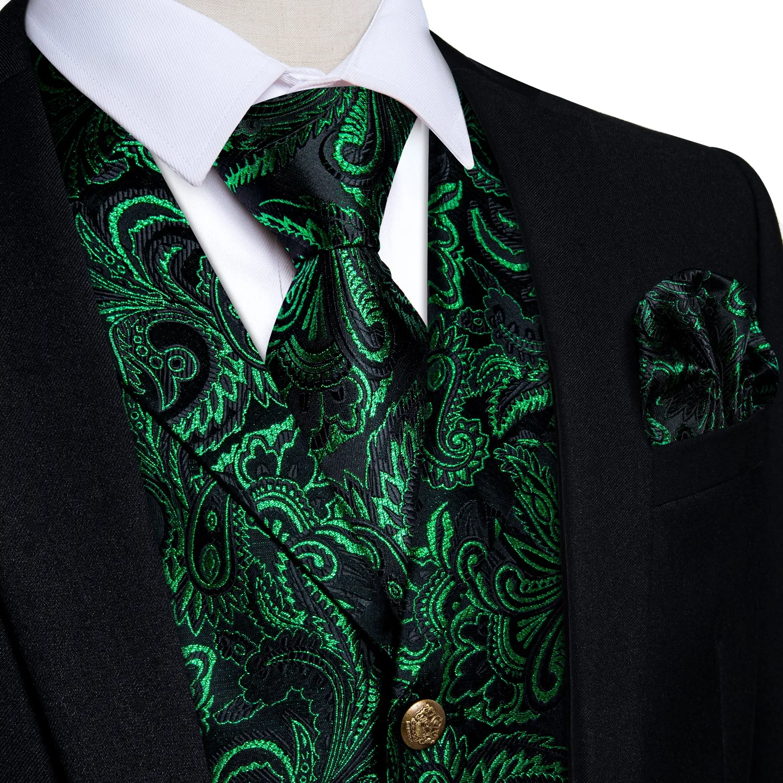 DiBanGu Notched Collar Vest Black Green Floral V Neck Mens Waistcoat Vest Tie Handkerchief Cufflinks Set