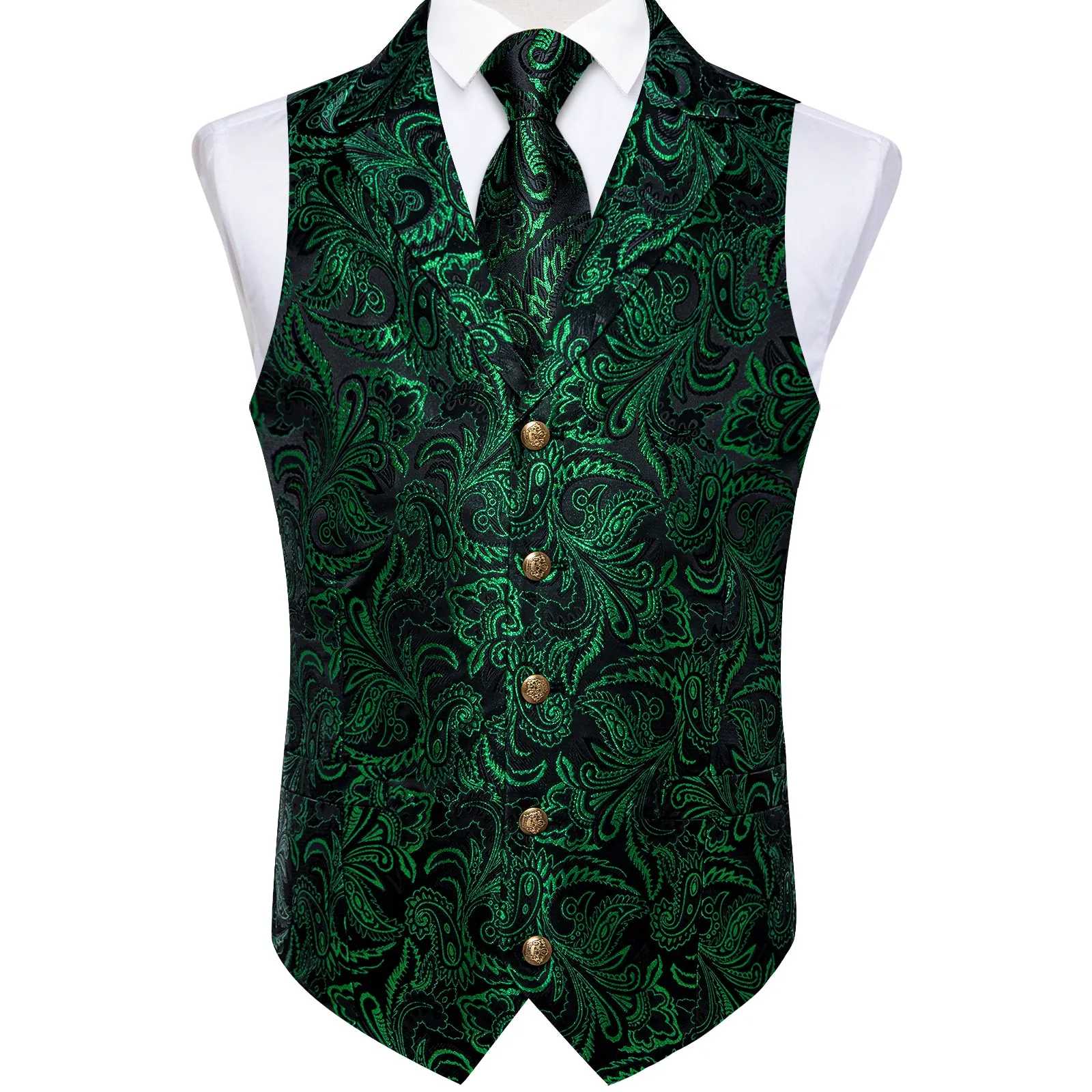 DiBanGu Notched Collar Vest Black Green Floral V Neck Mens Waistcoat Vest Tie Handkerchief Cufflinks Set