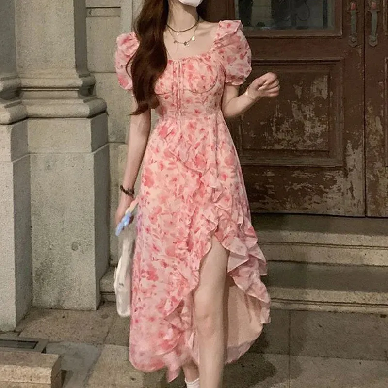 Fashion Women Floral Print Ruffles Split Dress Summer Casual Short Sleeve Dresses French Style Elegant Dress Female Clothes