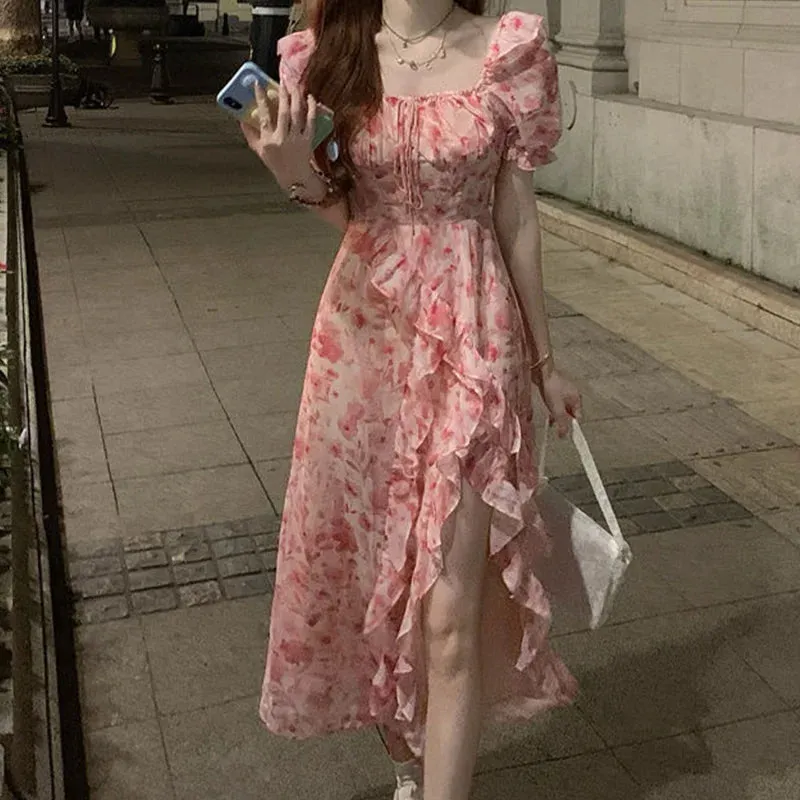 Fashion Women Floral Print Ruffles Split Dress Summer Casual Short Sleeve Dresses French Style Elegant Dress Female Clothes