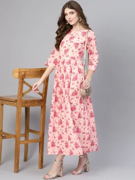 Floral Printed Pink Round Neck With 3/4Th Sleeves Gathered Maxi Dress