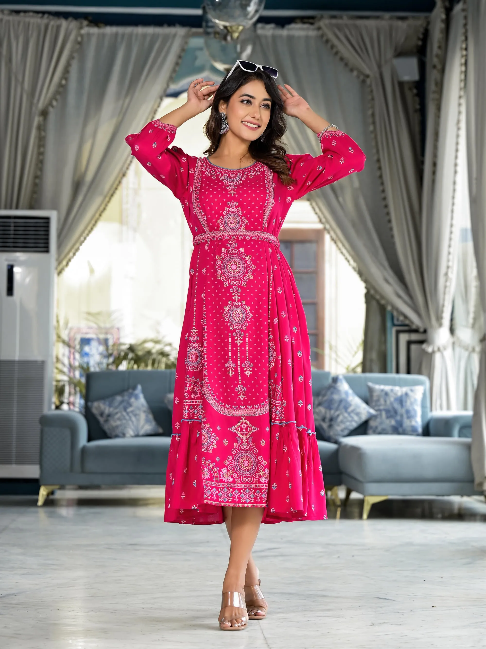 Fuchsia Ethnic Motif Printed Liva Rayon A-Lined Tiered Dress With Belt