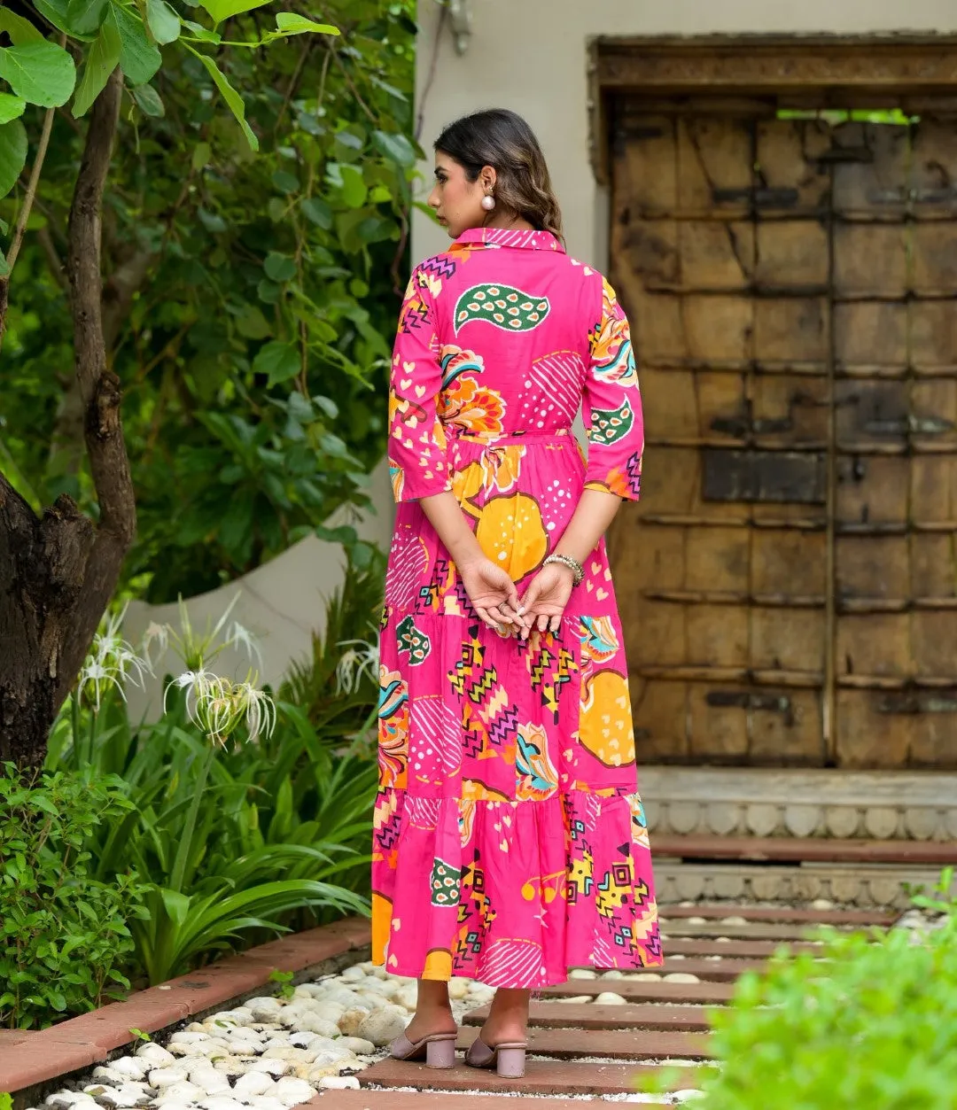 Fuchsia Geometric Printed Cambric Dress With Buttons & Doris On Waist