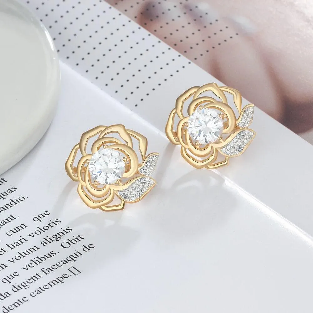 Gold Hoop Earrings for Women- Flower Jewelry for Women- Cubic Zirconia Stud Earrings for Women- Party Jewelry for Women