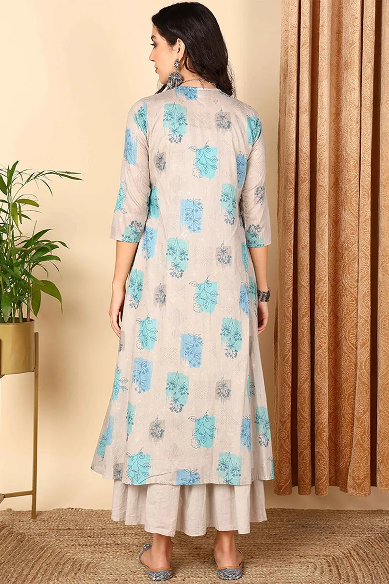 Grey Cotton Ethnic Motifs Embroidered Flared Kurta