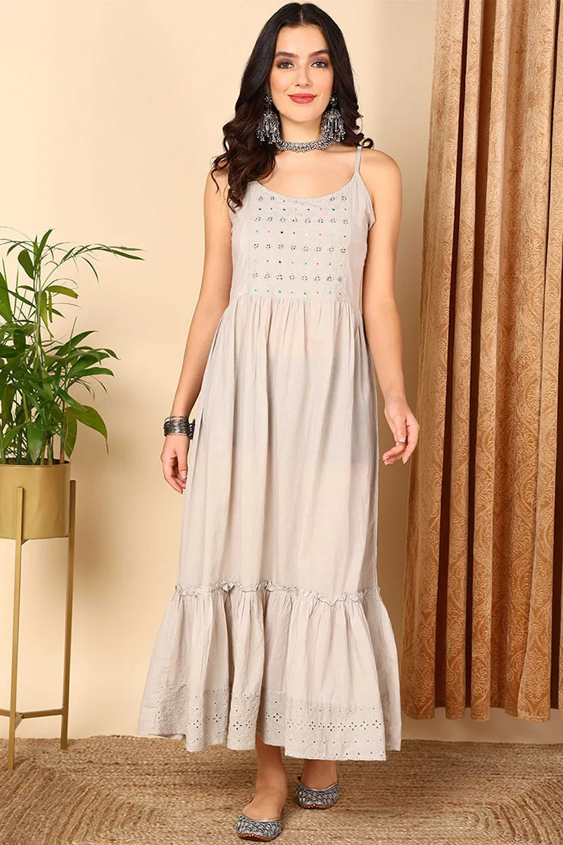 Grey Cotton Ethnic Motifs Embroidered Flared Kurta