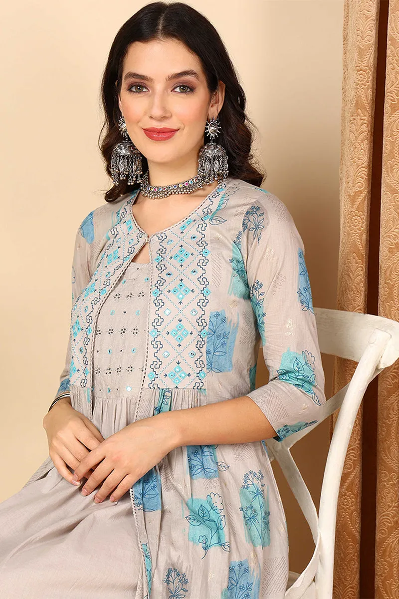 Grey Cotton Ethnic Motifs Embroidered Flared Kurta