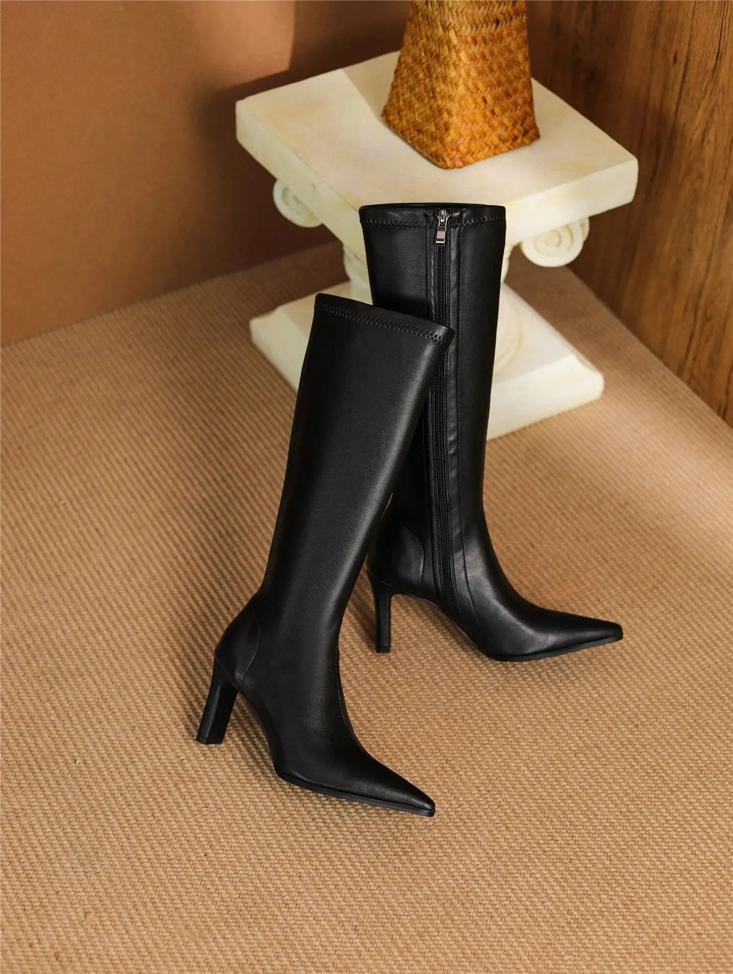 High Heel Warm Long Boot - Stylish PU Knee-High Boots with 8cm Thin Heels