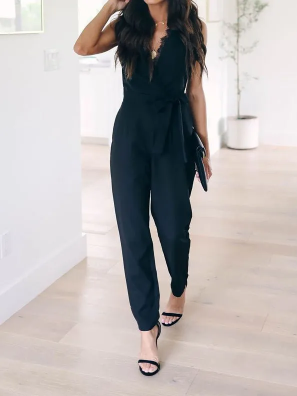 Jumpsuits Lace Sleeveless Belted Pocket Jumpsuit for Women