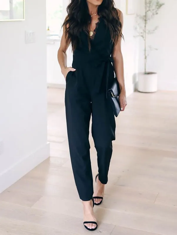 Jumpsuits Lace Sleeveless Belted Pocket Jumpsuit for Women