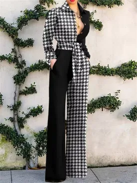 Jumpsuits Lapel Print Tie Pocket Long Sleeve Jumpsuit for Women