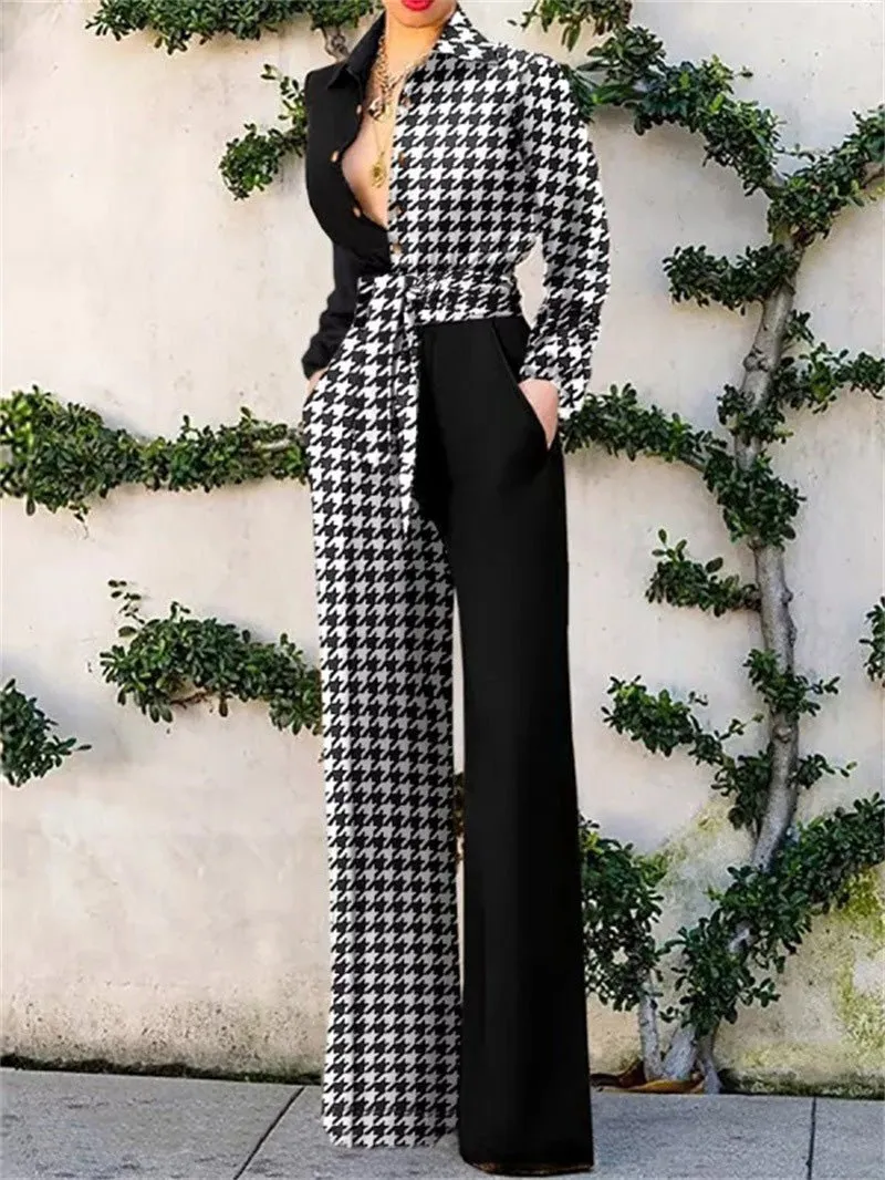 Jumpsuits Lapel Print Tie Pocket Long Sleeve Jumpsuit for Women