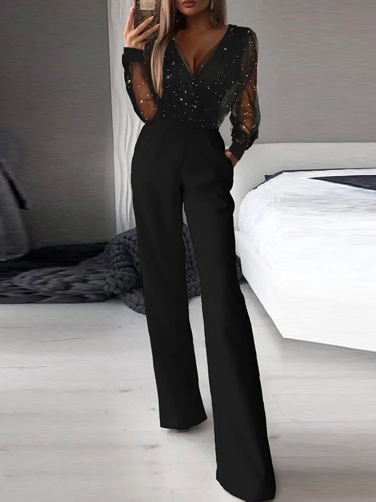 Jumpsuits V-Neck Mesh Stitching Long Sleeve Jumpsuit for Women