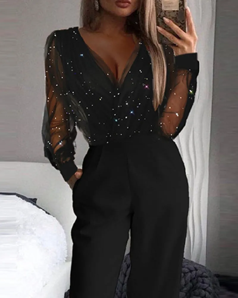 Jumpsuits V-Neck Mesh Stitching Long Sleeve Jumpsuit for Women