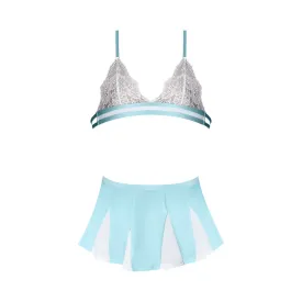 Magic Silk Dress Up Head Cheerleader Lace Bralette with Mini Skirt & G-String Costume White/Light Blue