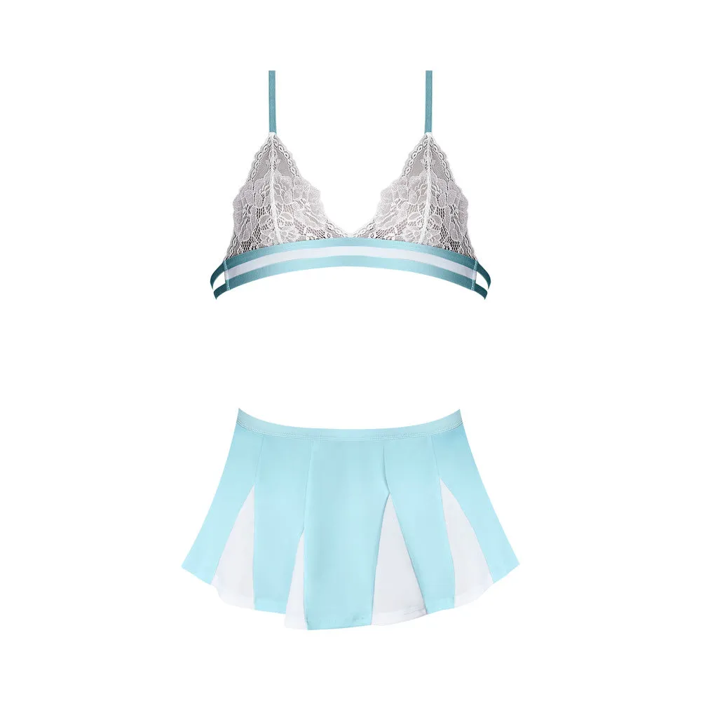 Magic Silk Dress Up Head Cheerleader Lace Bralette with Mini Skirt & G-String Costume White/Light Blue