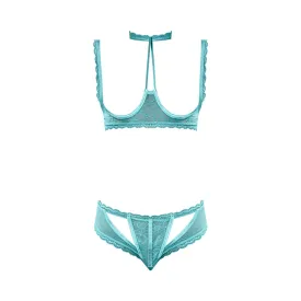 Magic Silk Soft Petals Floral Mesh Cupless Bra with Split Crotch & Peek-A-Boo Cutout Panty Aqua