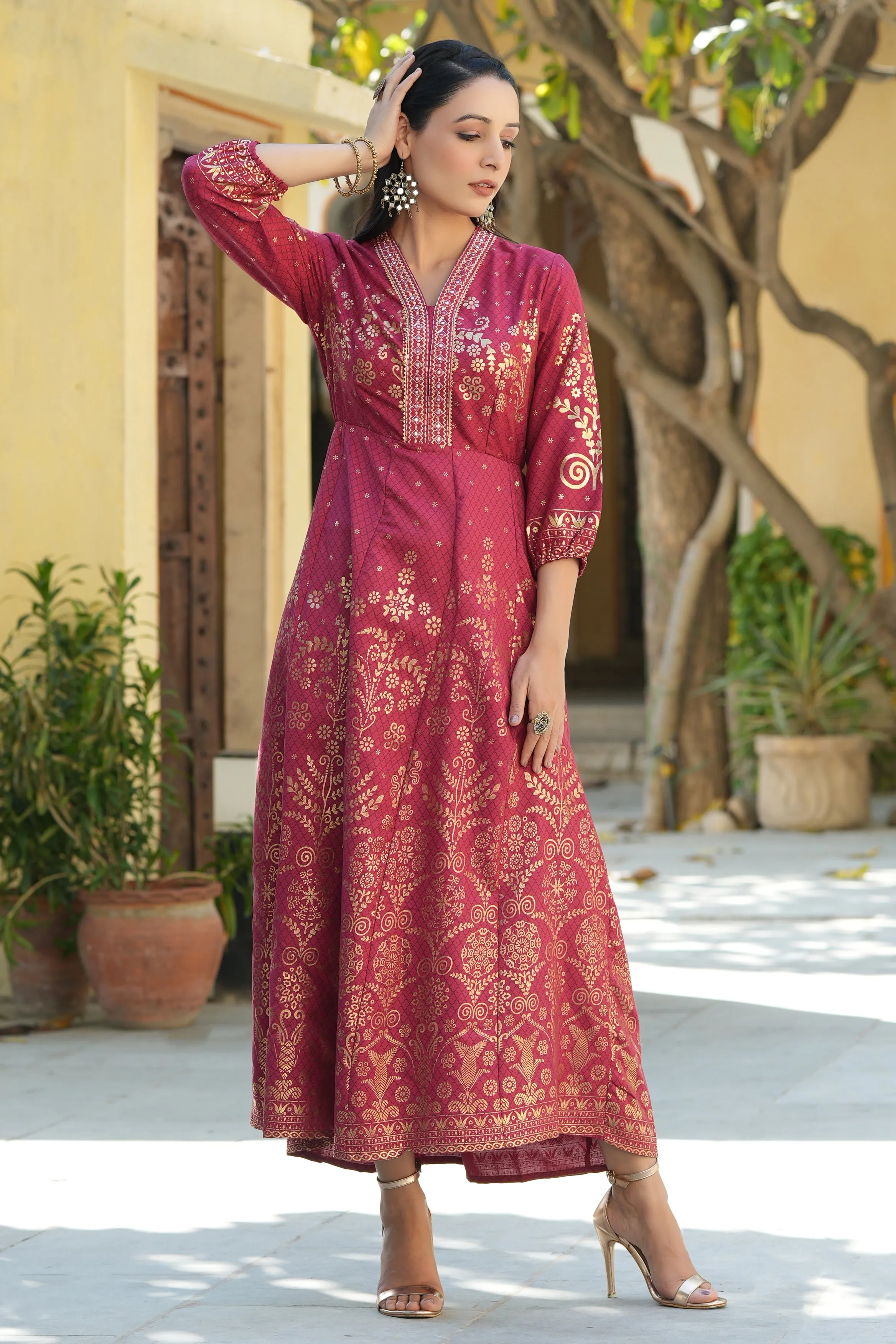 Maroon Rayon Printed Anarkali Dress