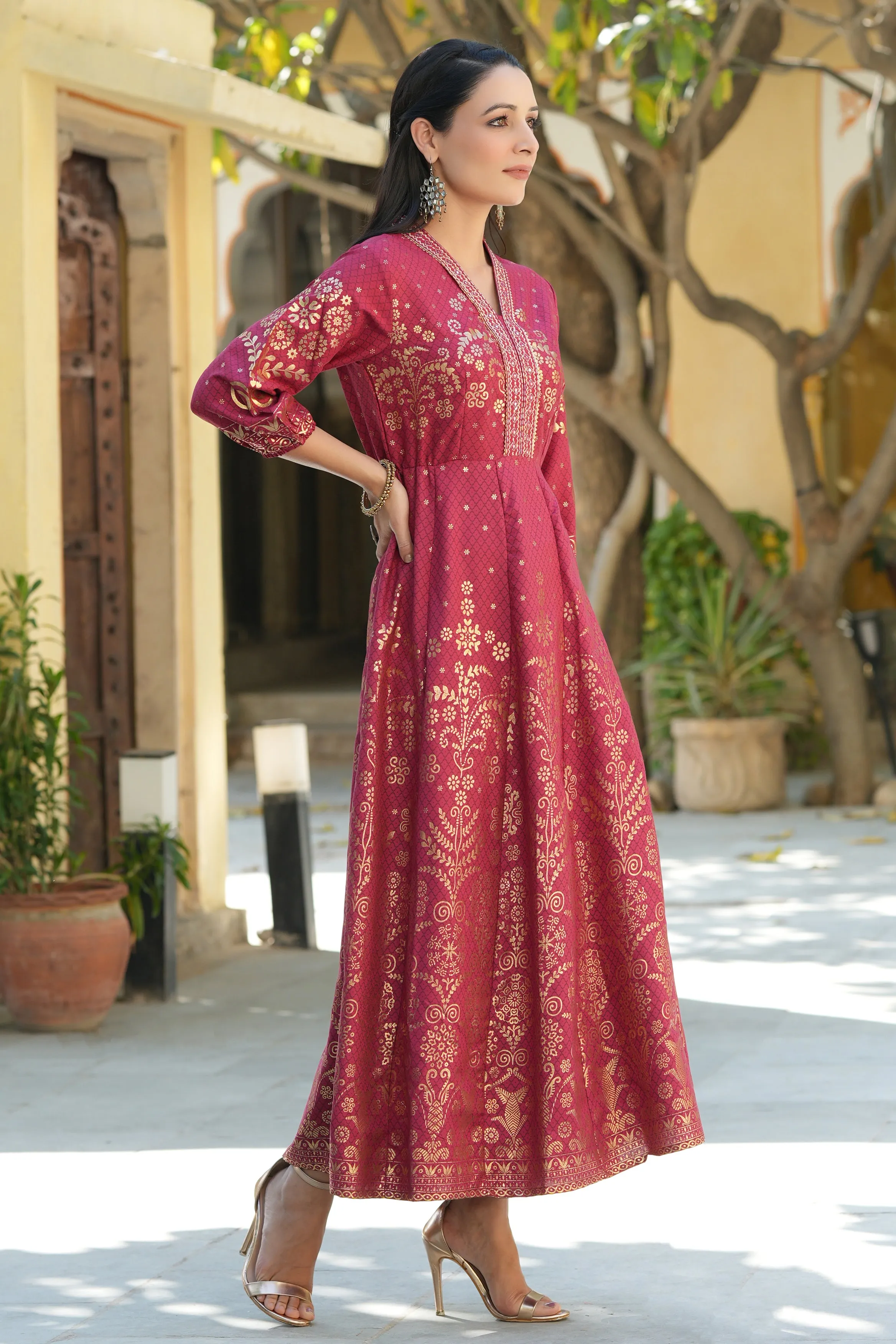 Maroon Rayon Printed Anarkali Dress