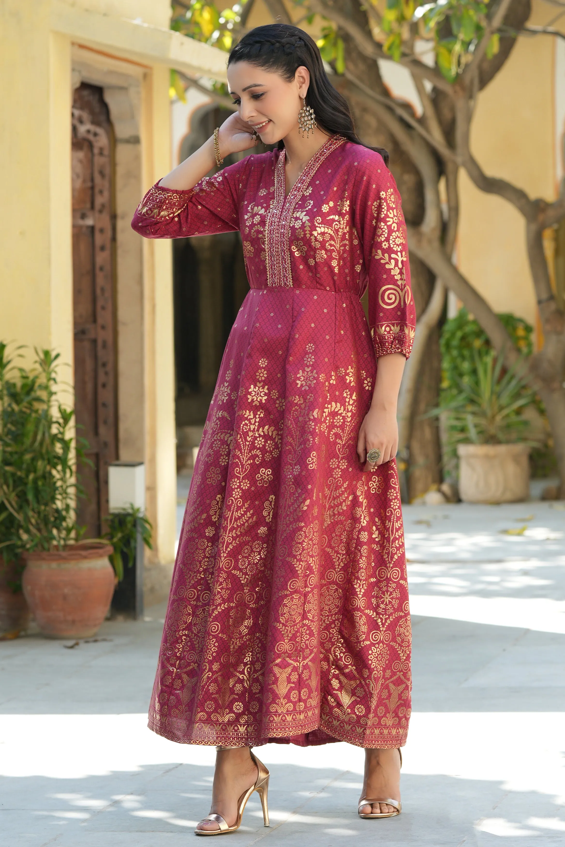 Maroon Rayon Printed Anarkali Dress