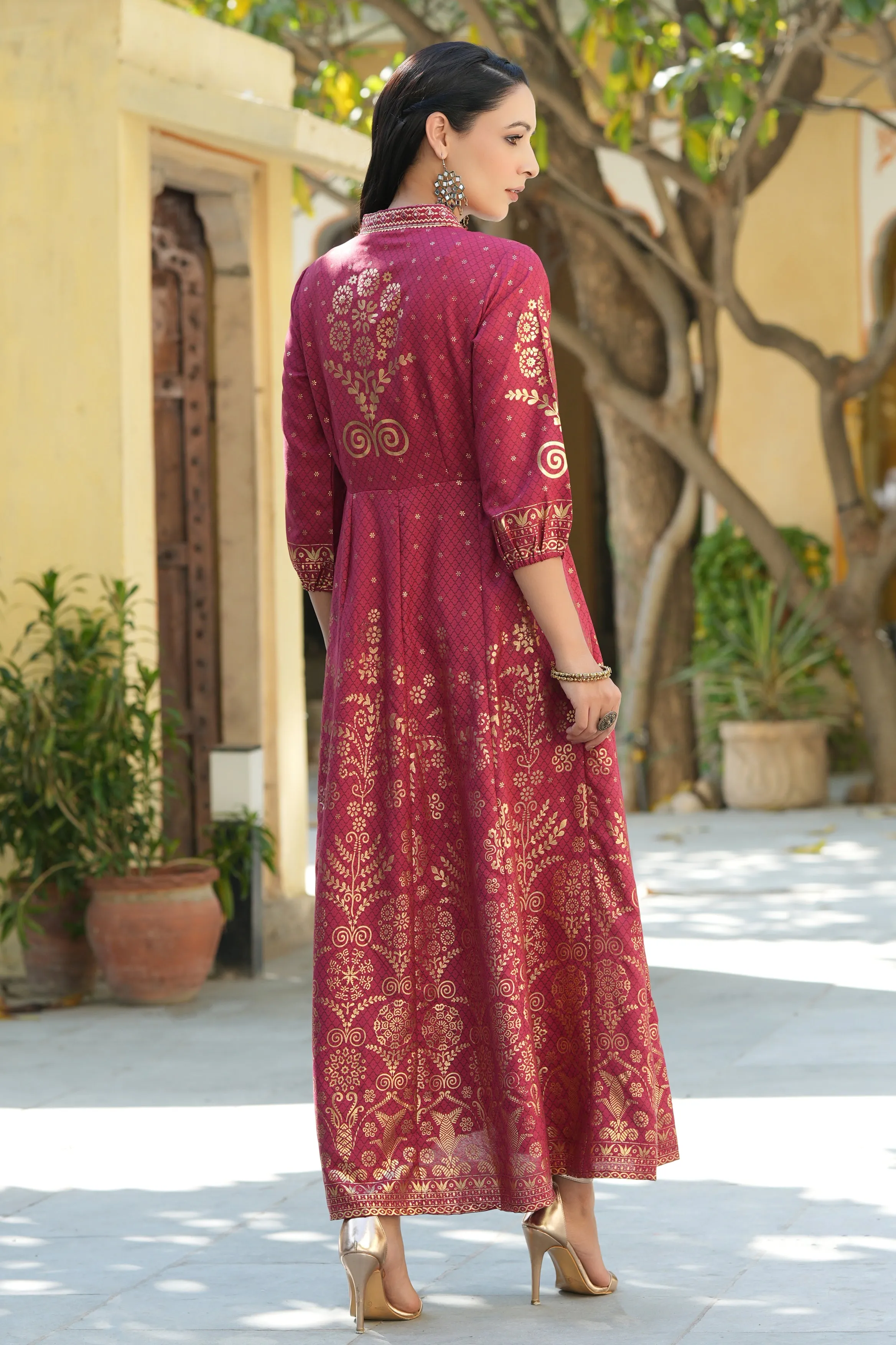 Maroon Rayon Printed Anarkali Dress