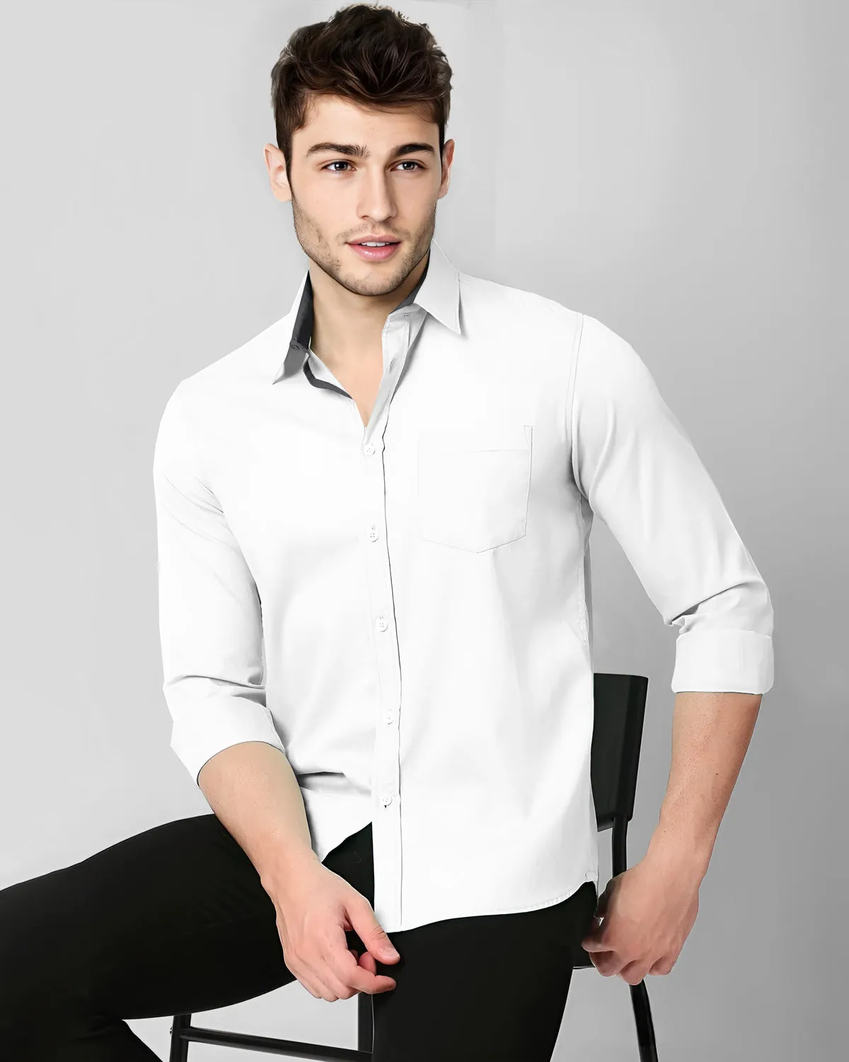 MEN PLAIN STRIPED COLLAR WHITE FULL HAND SHIRT