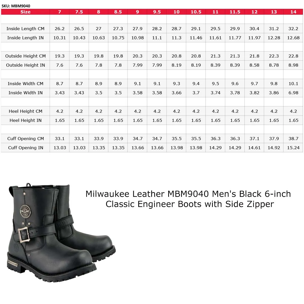 Milwaukee Leather MBM9040 Men's Black 6-inch Classic Engineer Motorcycle Leather Boots with Side Zipper