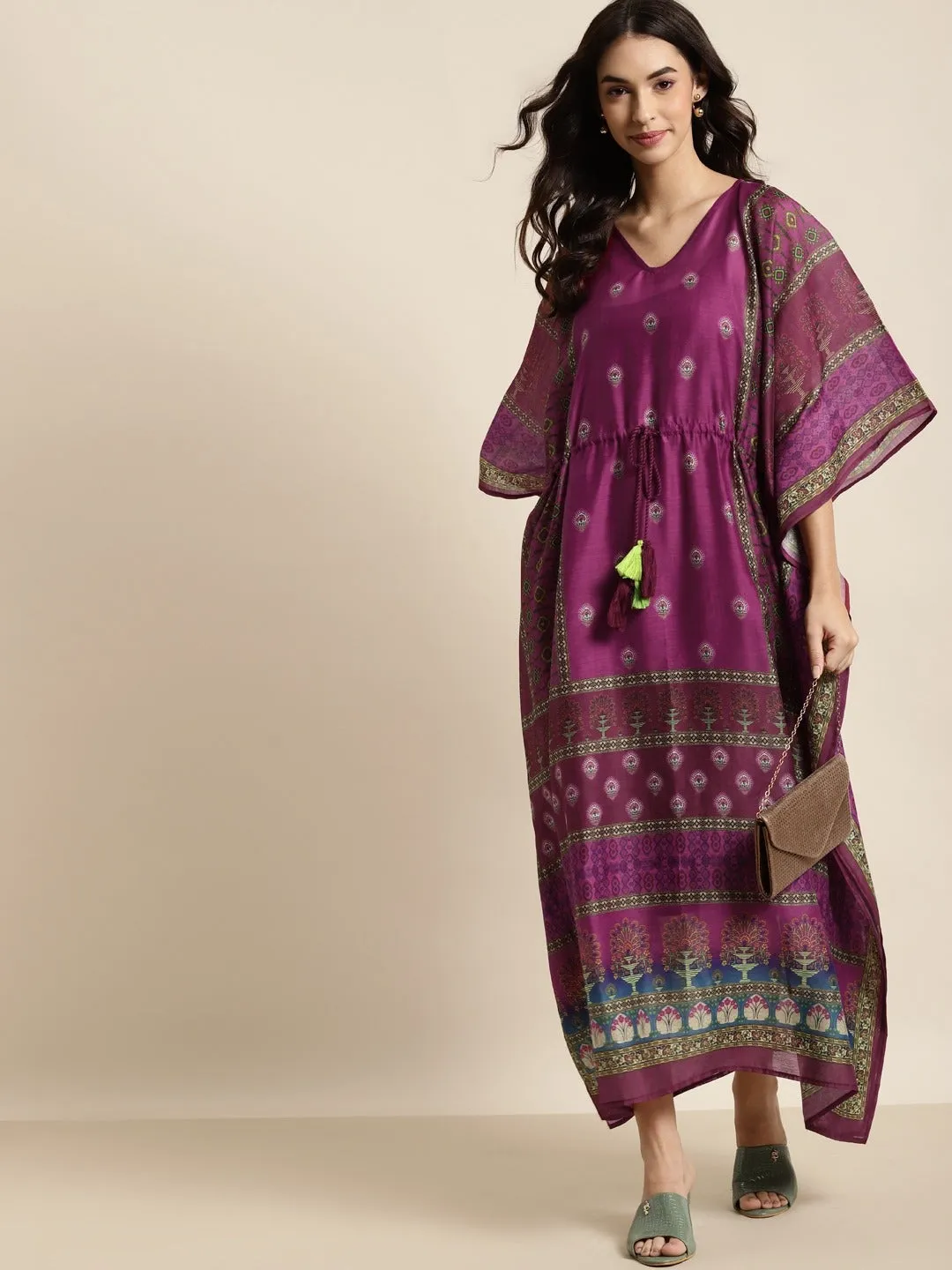 Multi Colour Floral Printed Kaftan With Slip