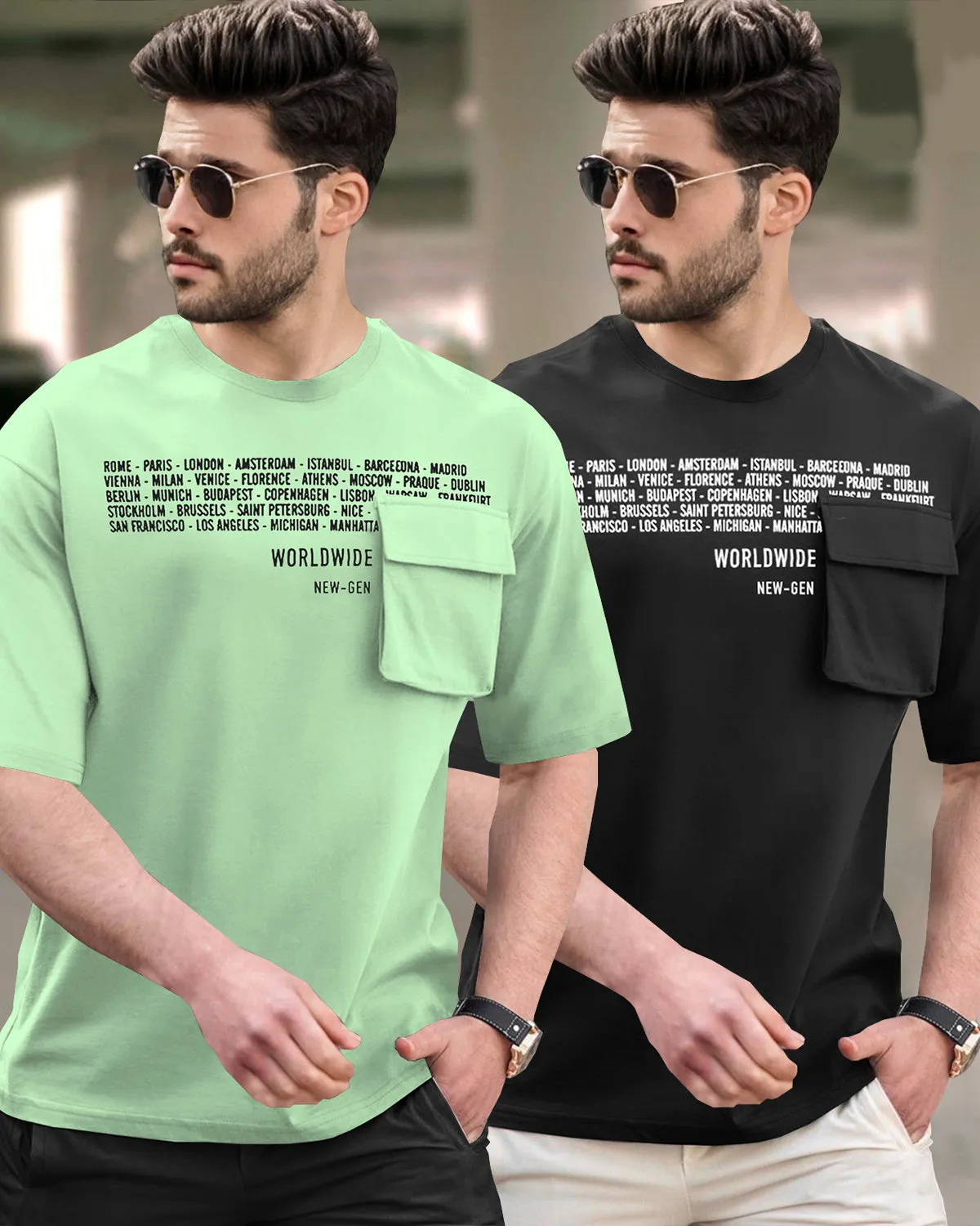 (Pack of 2) Men Oversized T-Shirt With Flap Pocket | Applegreen & Black