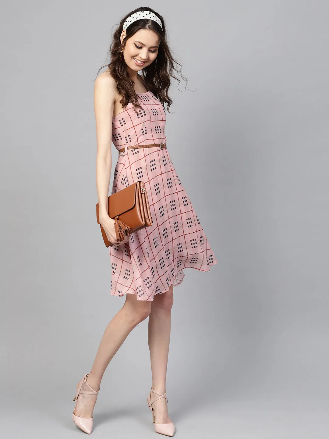 Pink Check Strappy Flared Dress