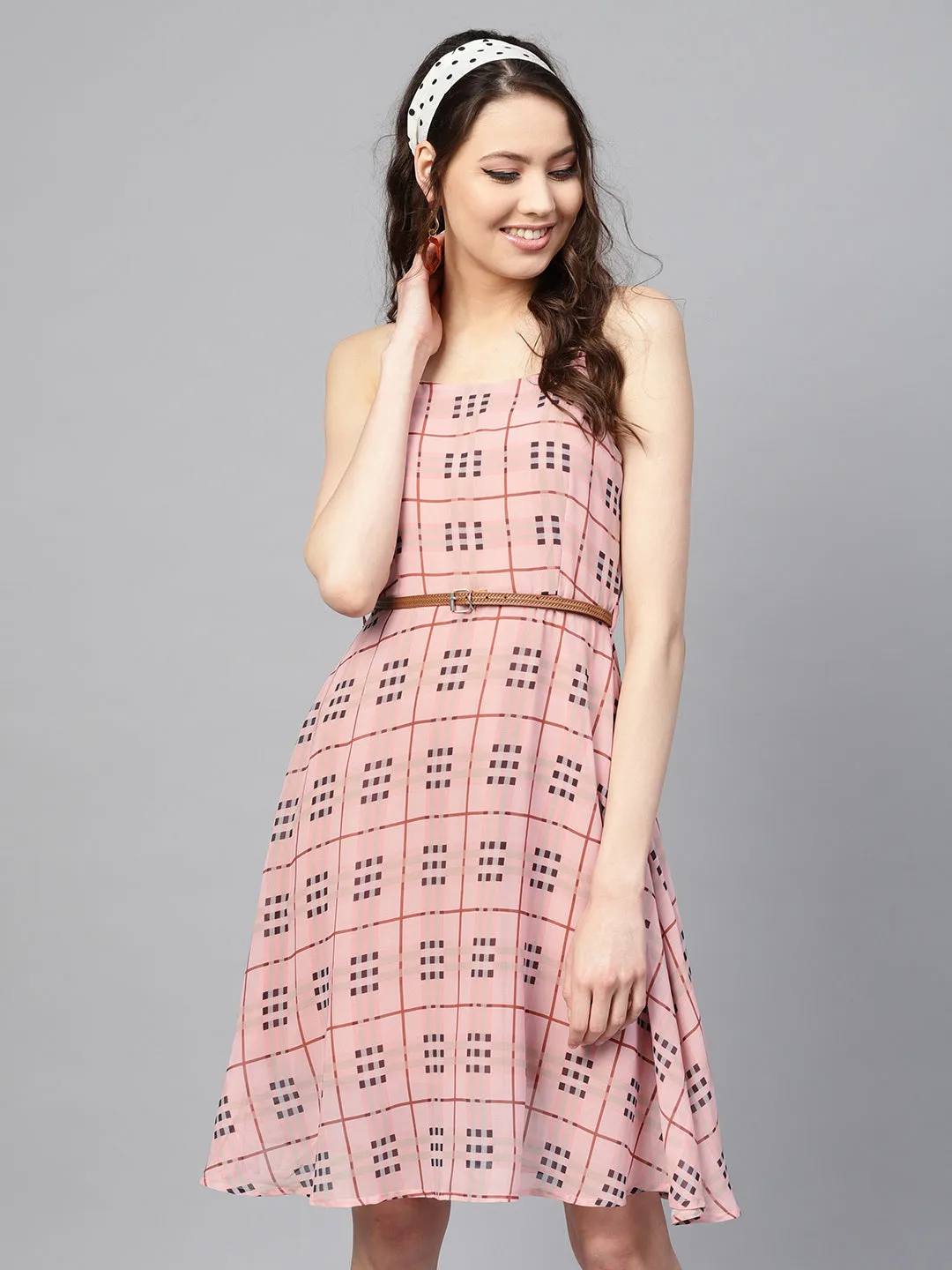 Pink Check Strappy Flared Dress