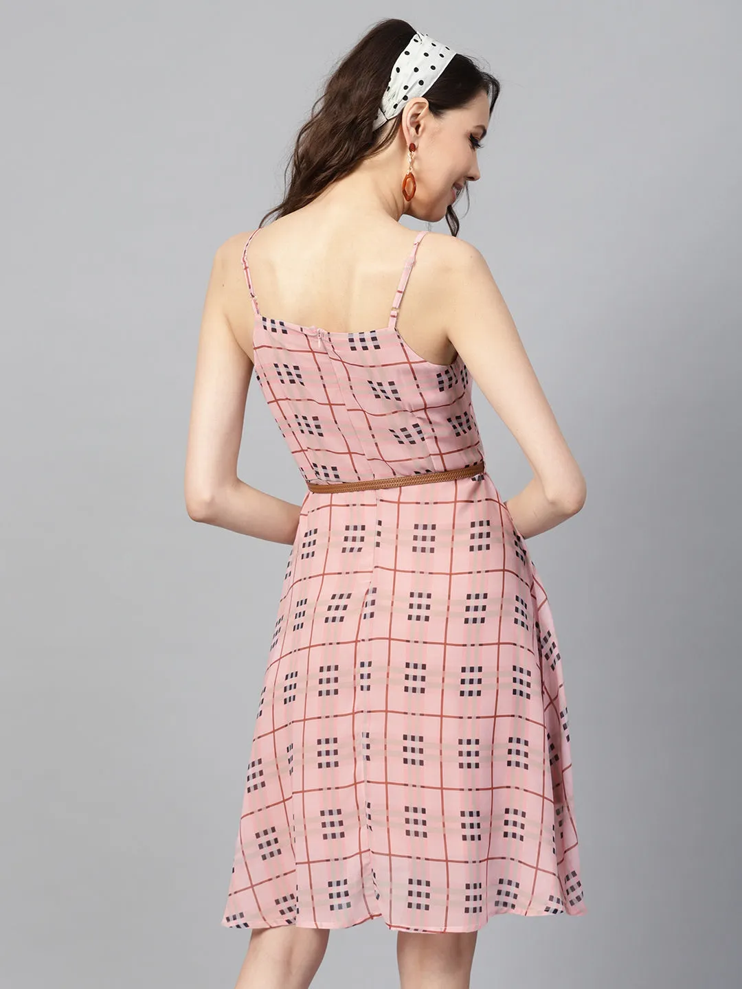 Pink Check Strappy Flared Dress