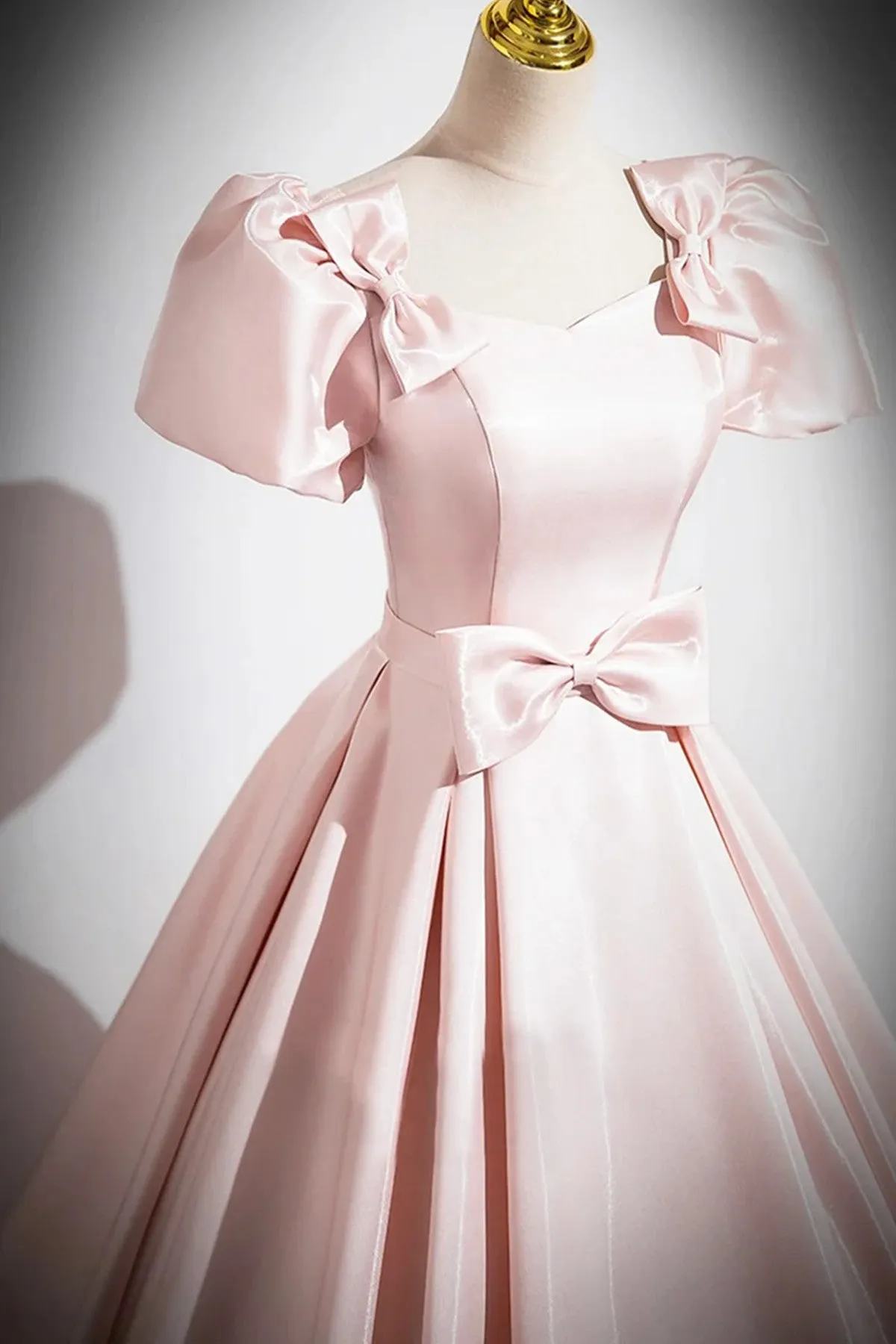 Pink Satin Short Sleeves A-line Long Party Dress, Pink Satin Prom Dress