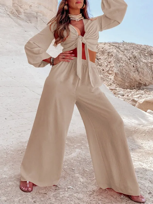 Sets Knotted Long Sleeve Top & Wide Leg Pants Two-Piece Set for Women