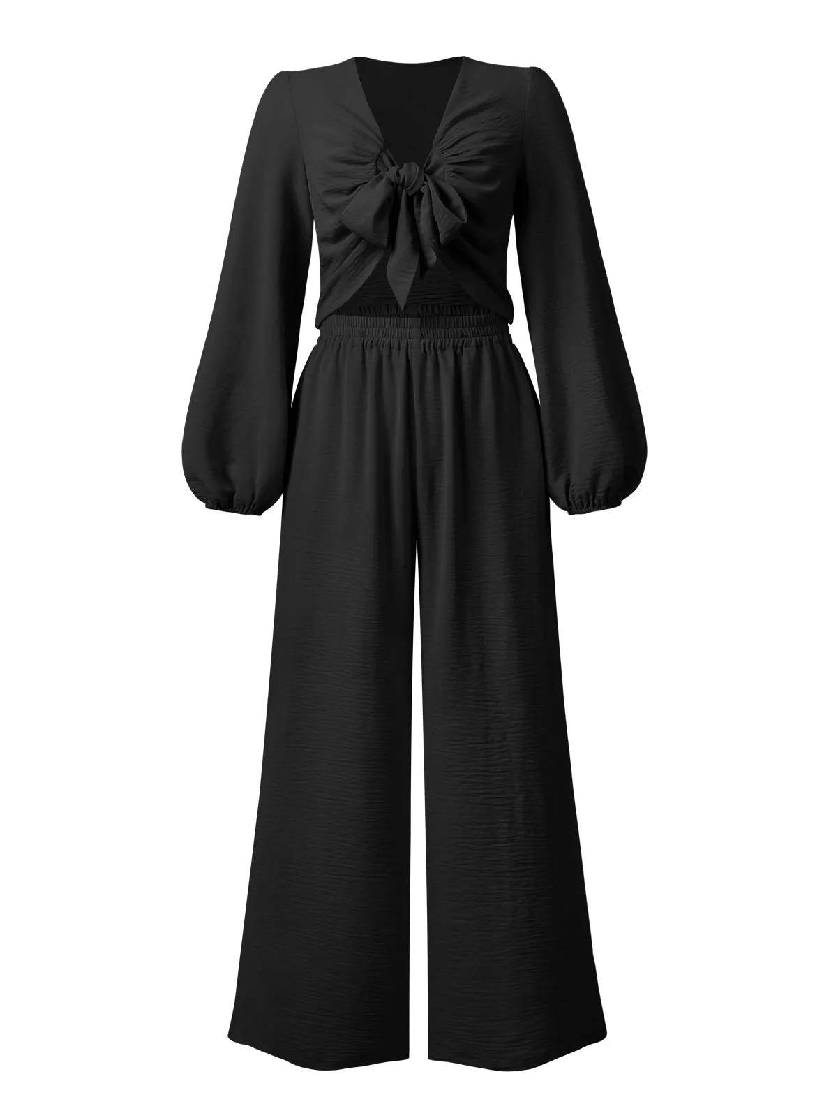 Sets Knotted Long Sleeve Top & Wide Leg Pants Two-Piece Set for Women