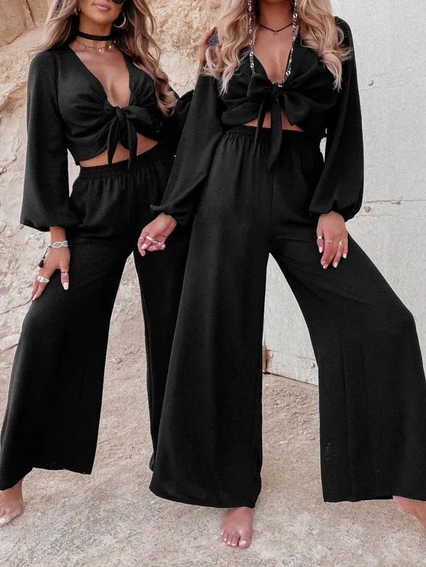 Sets Knotted Long Sleeve Top & Wide Leg Pants Two-Piece Set for Women