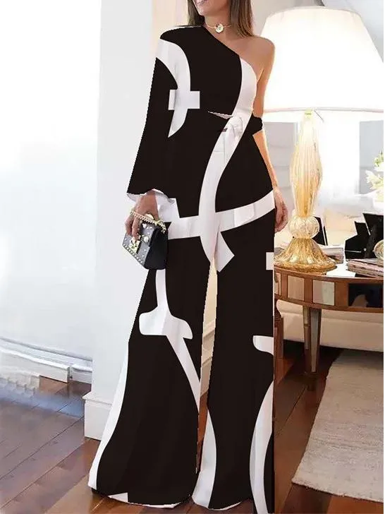 Sets One-Shoulder Sleeve Lace Up Top & Wide-Leg Pants Two-Piece Suit for Women