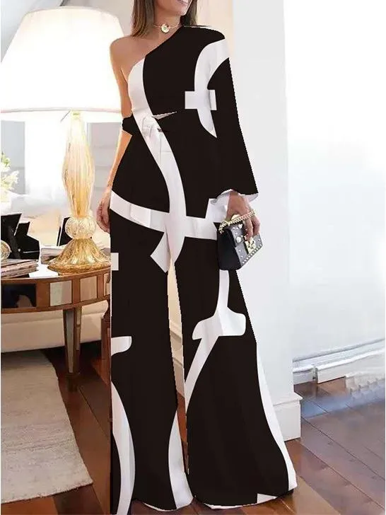 Sets One-Shoulder Sleeve Lace Up Top & Wide-Leg Pants Two-Piece Suit for Women