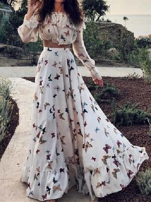 Sets Two-Piece Butterfly Print Crop Top & Bohemian Skirt for Women