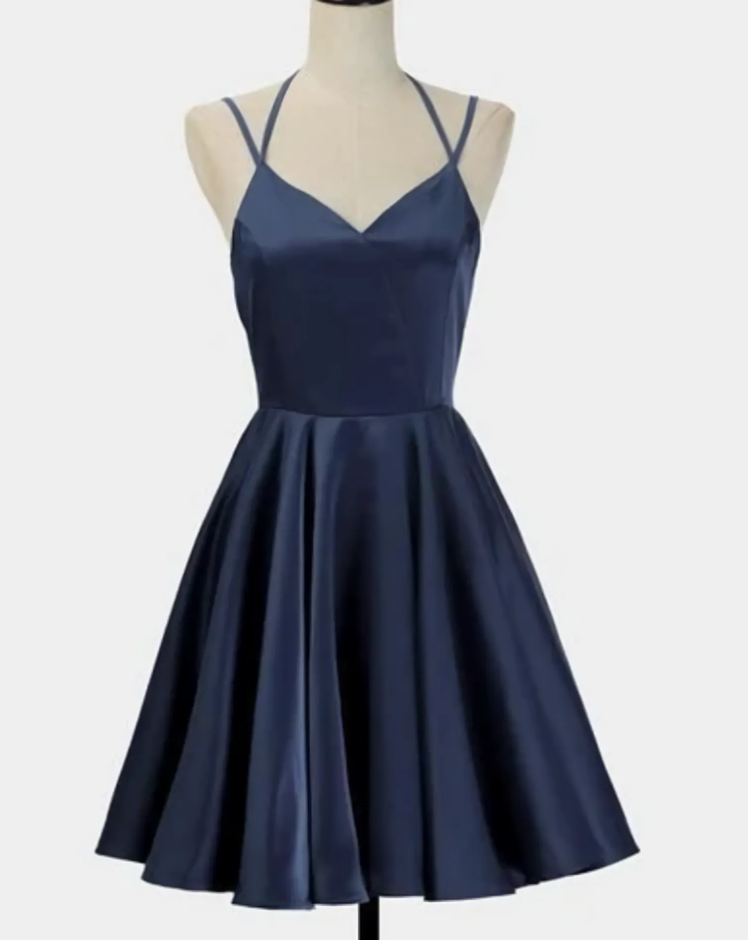 Spark Queen Simple Short Blue Sleeveless V Neck Mini Evening Dress Women Dress Satin Ruffles Spaghetti Straps Homecoming Dress