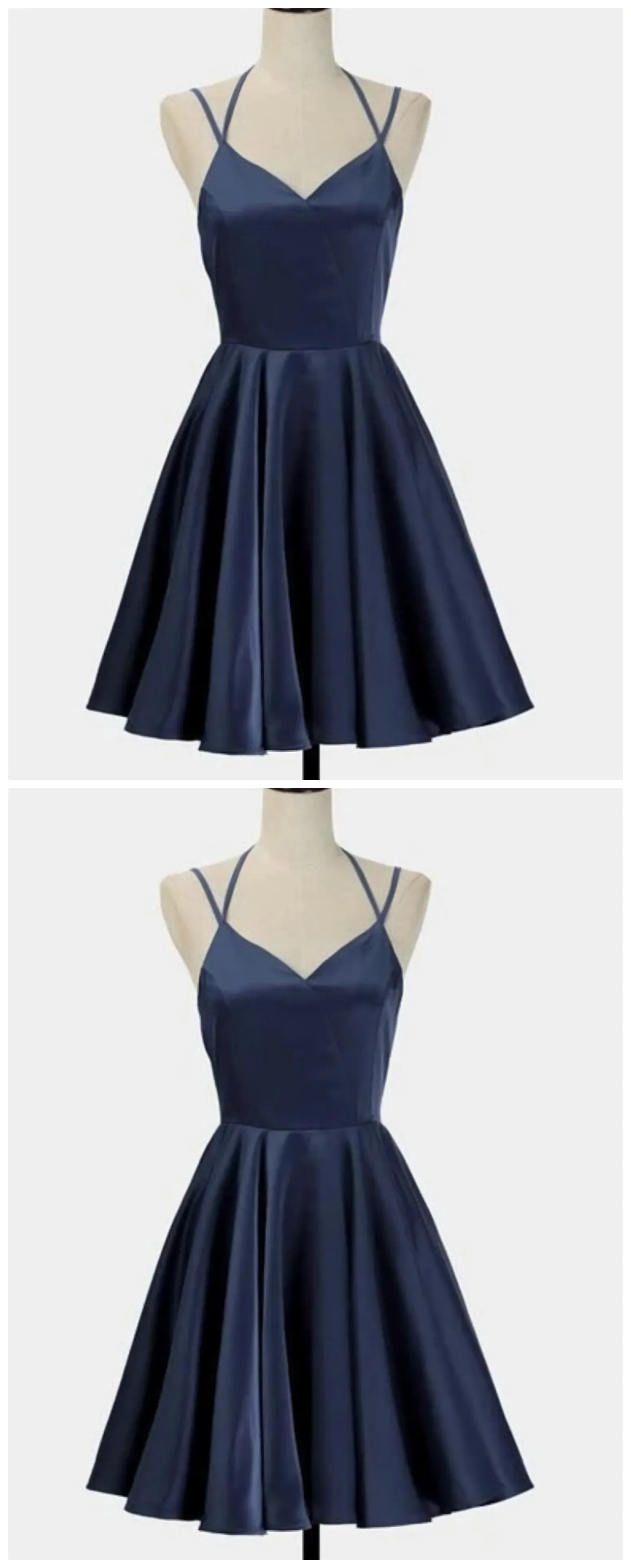 Spark Queen Simple Short Blue Sleeveless V Neck Mini Evening Dress Women Dress Satin Ruffles Spaghetti Straps Homecoming Dress