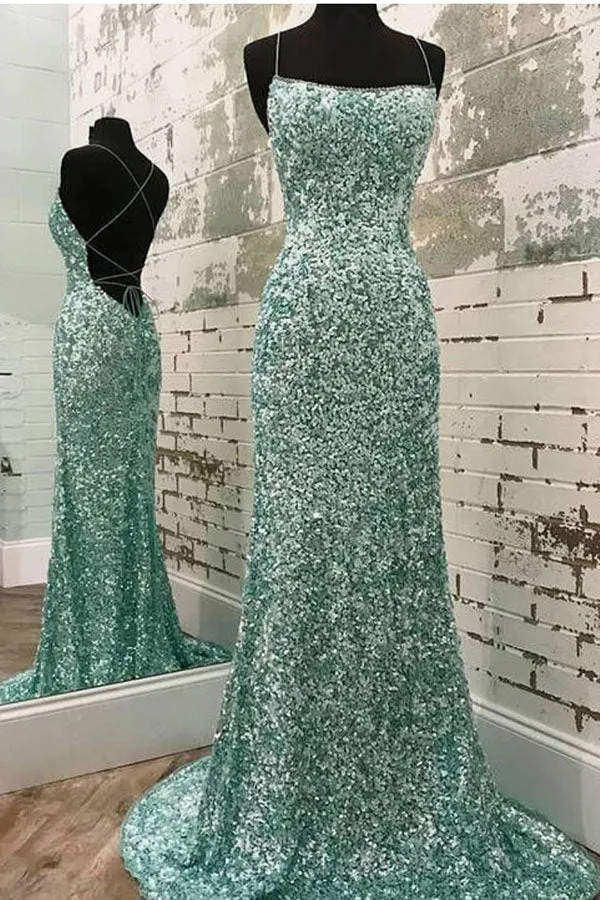 Sparkly Mint Sequin Mermaid Long Party Prom Dress for Women Shiny Evening Dress